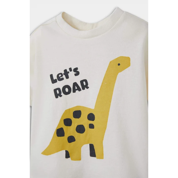 Defacto F3479A5ER134 Ekru Erkek Bebek 2li Takım Dinozor Baskılı Kısa Kollu Tişört Eşofman Altı