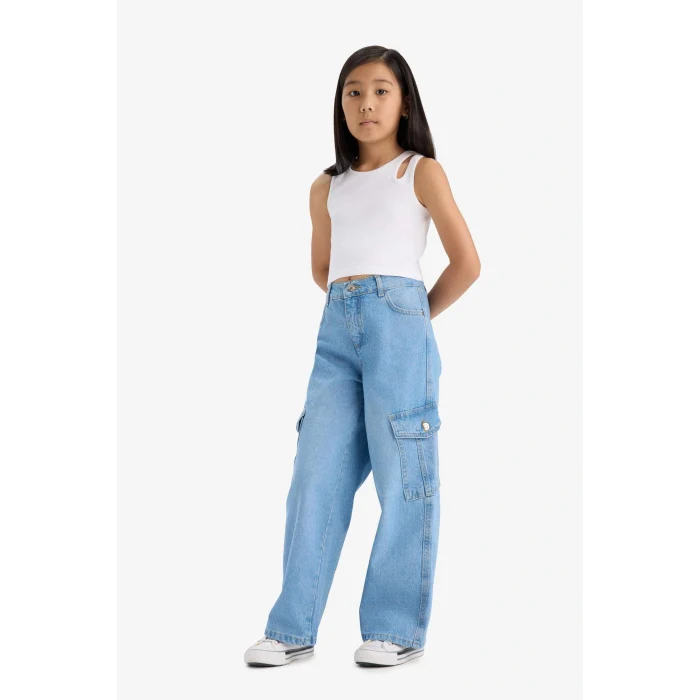 Defacto E5879A8NM28 Mavi Kız Çocuk Wide Leg Kargo Geniş Paça Jean Pantolon
