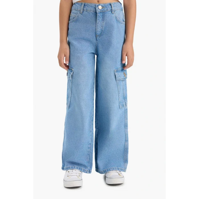 Defacto E5879A8NM28 Mavi Kız Çocuk Wide Leg Kargo Geniş Paça Jean Pantolon