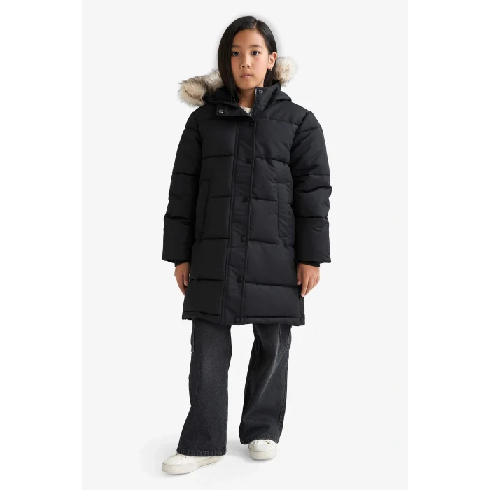 Defacto C8755A8BK27 Siyah Kız Çocuk Kapüşonlu Fermuarlı Parka