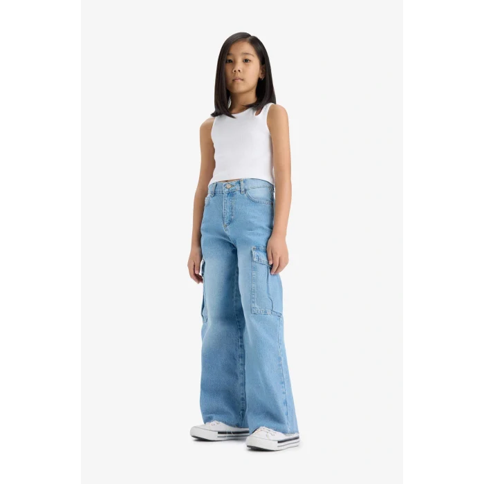 Defacto E5878A8NM39 Mavi Kız Çocuk Wide Leg Kargo Geniş Paça Jean Pantolon