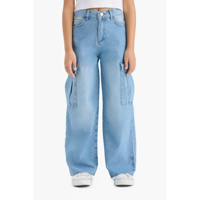 Defacto E5878A8NM39 Mavi Kız Çocuk Wide Leg Kargo Geniş Paça Jean Pantolon