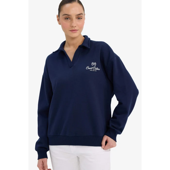 Defacto G7014AXNV251 Lacivert Relax Fit Polo Yaka Baskılı Kalın Sweatshirt