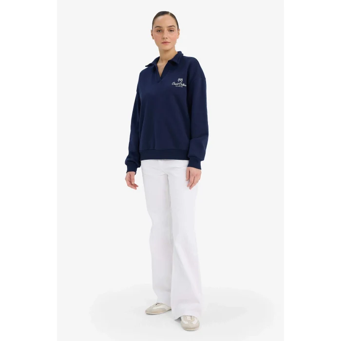 Defacto G7014AXNV251 Lacivert Relax Fit Polo Yaka Baskılı Kalın Sweatshirt