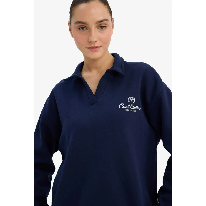 Defacto G7014AXNV251 Lacivert Relax Fit Polo Yaka Baskılı Kalın Sweatshirt