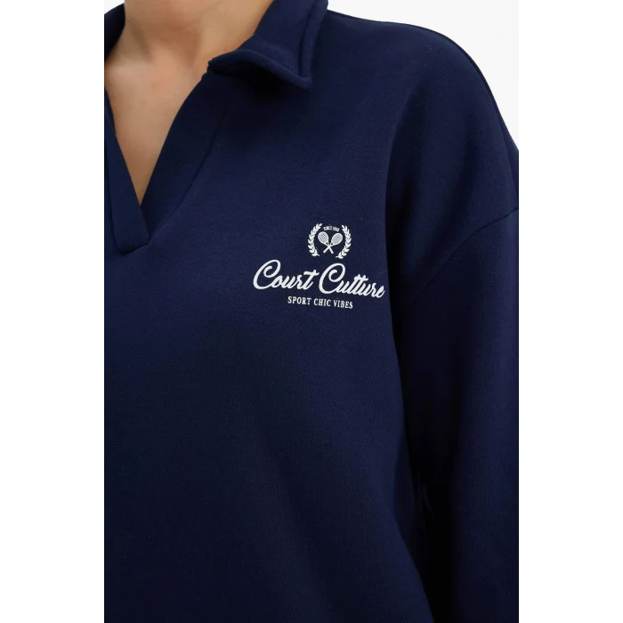 Defacto G7014AXNV251 Lacivert Relax Fit Polo Yaka Baskılı Kalın Sweatshirt