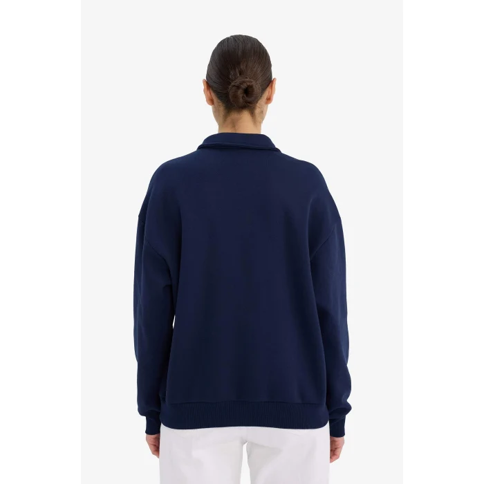 Defacto G7014AXNV251 Lacivert Relax Fit Polo Yaka Baskılı Kalın Sweatshirt