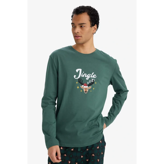 Defacto G2935AXGN1259 Yeşil Yılbaşı Temalı Pijama Takımı Regular Fit Uzun Kollu Üst Uzun Alt