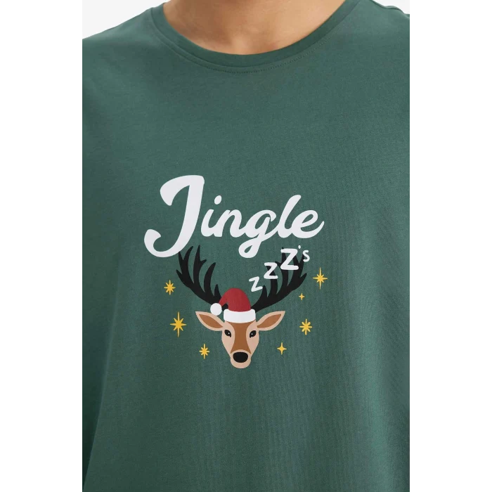 Defacto G2935AXGN1259 Yeşil Yılbaşı Temalı Pijama Takımı Regular Fit Uzun Kollu Üst Uzun Alt