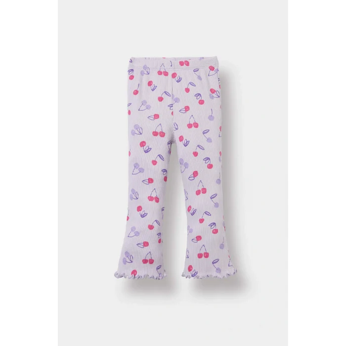 Defacto F3510A5PR305 Mor Kız Bebek 2li Takım Desenli Fitilli Kaşkorse Kısa Kollu Tişört Tayt