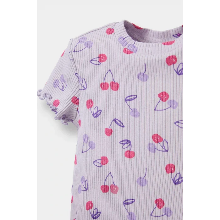 Defacto F3510A5PR305 Mor Kız Bebek 2li Takım Desenli Fitilli Kaşkorse Kısa Kollu Tişört Tayt