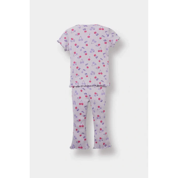 Defacto F3510A5PR305 Mor Kız Bebek 2li Takım Desenli Fitilli Kaşkorse Kısa Kollu Tişört Tayt