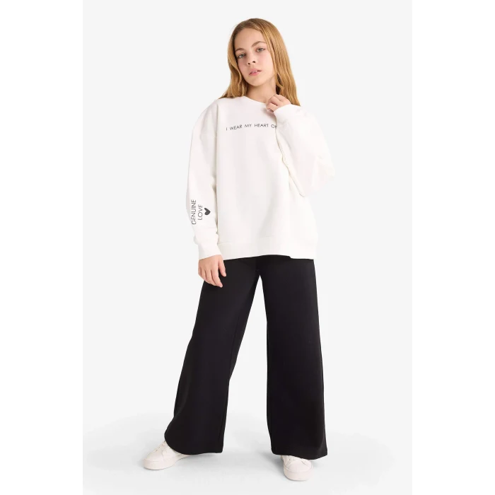 Defacto F2563A8ER105 Ekru Kız Çocuk 2li Takım Baskılı Sweatshirt Eşofman Altı