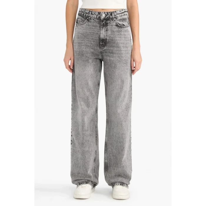 Defacto G3543AXNM55 Gri Straight Fit Yüksek Bel Uzun Jean Yıkamalı Pantolon