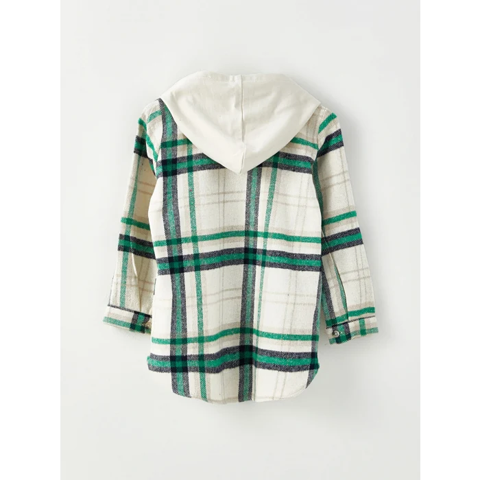 LCW Kids Yeşil Kapüşonlu Ekose Uzun Kollu Gabardin Kız Çocuk Gömlek