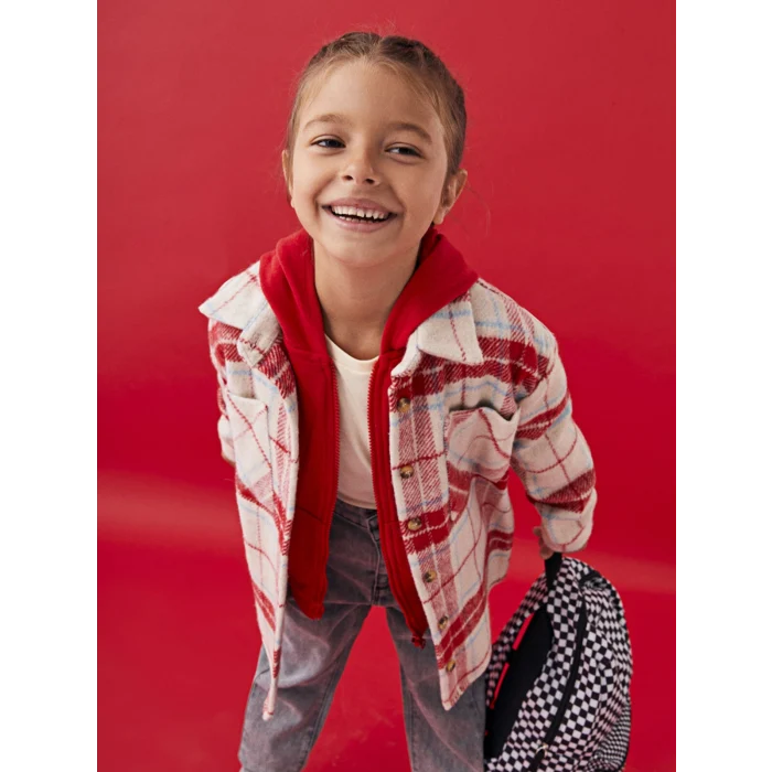 LCW Kids Kırmızı Ekose Uzun Kollu Kız Çocuk Gömlek Ceket