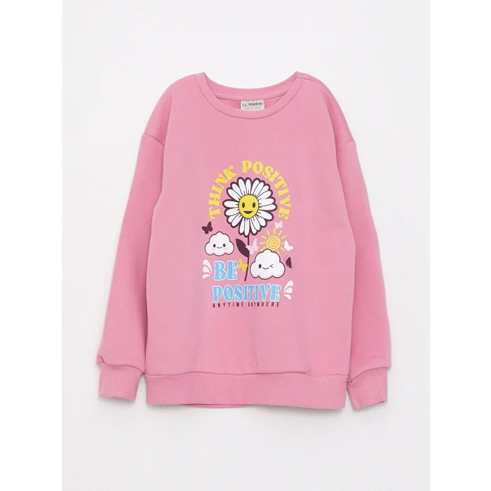 LCW Kids Pembe Bisiklet Yaka Baskılı Uzun Kollu Kız Çocuk Sweatshirt