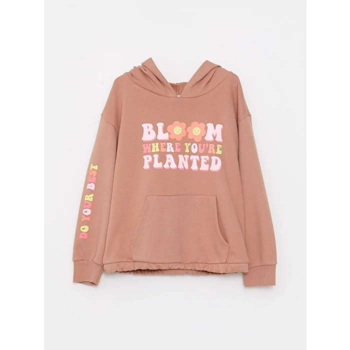 LCW Kids Kahverengi Kapüşonlu Baskılı Uzun Kollu Kız Çocuk Sweatshirt