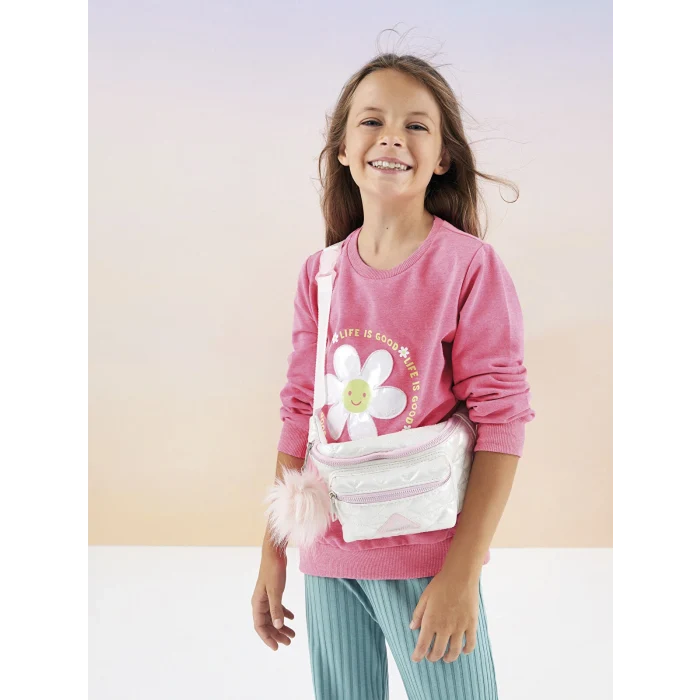 LCW Kids Pembe Bisiklet Yaka Baskılı Uzun Kollu Kız Çocuk Sweatshirt