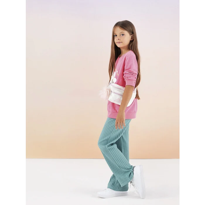 LCW Kids Pembe Bisiklet Yaka Baskılı Uzun Kollu Kız Çocuk Sweatshirt