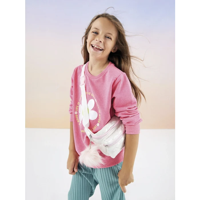 LCW Kids Pembe Bisiklet Yaka Baskılı Uzun Kollu Kız Çocuk Sweatshirt