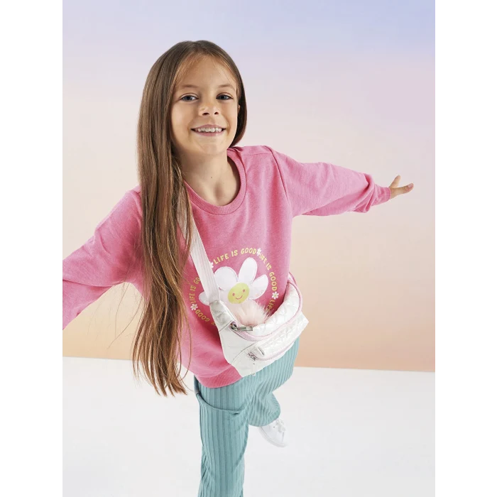 LCW Kids Pembe Bisiklet Yaka Baskılı Uzun Kollu Kız Çocuk Sweatshirt