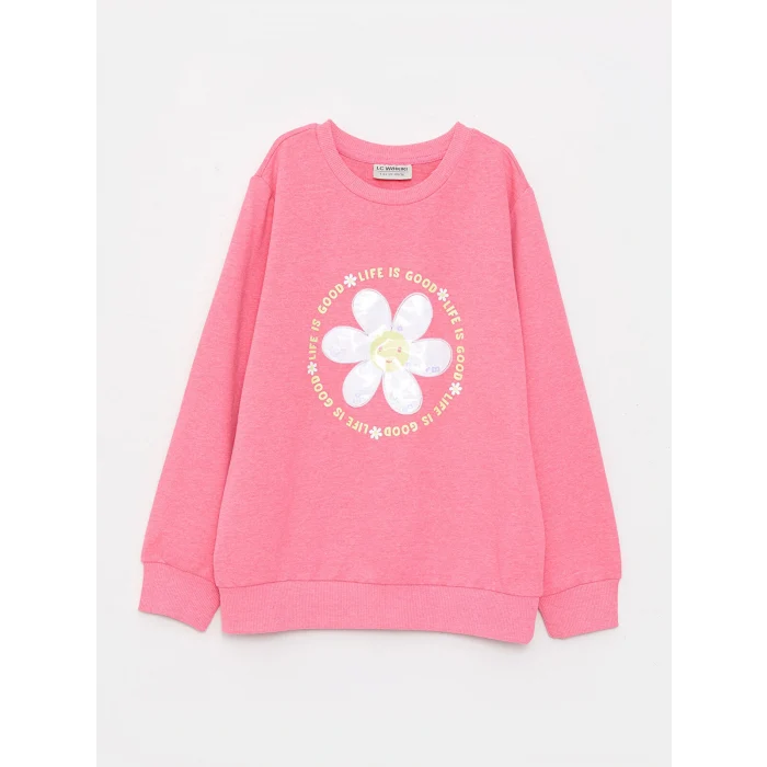 LCW Kids Pembe Bisiklet Yaka Baskılı Uzun Kollu Kız Çocuk Sweatshirt