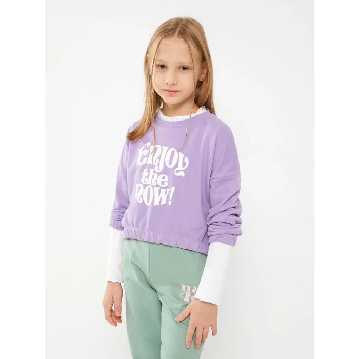 LCW Kids Lila Bisiklet Yaka Baskılı Uzun Kollu Kız Çocuk Sweatshirt
