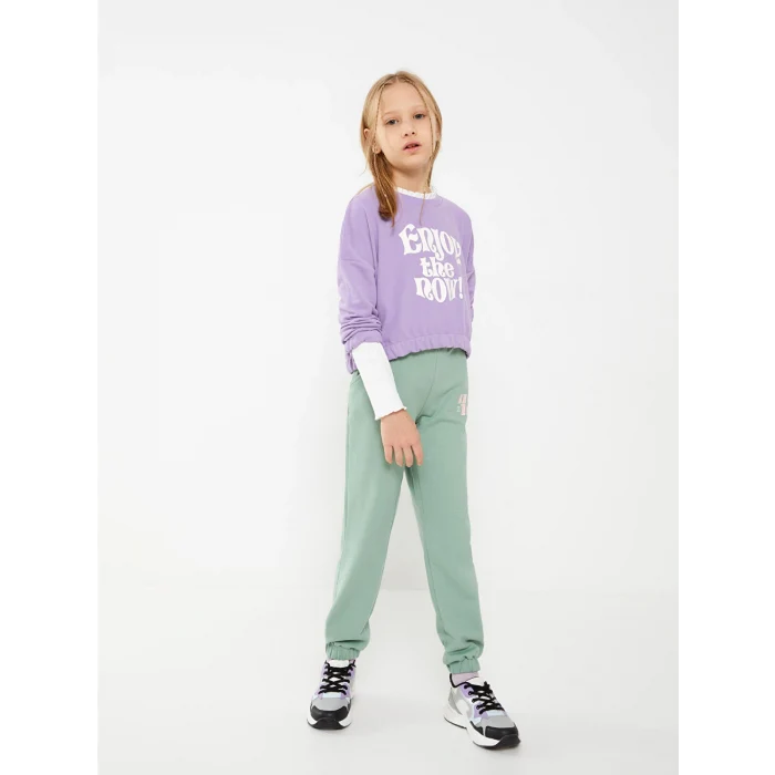 LCW Kids Lila Bisiklet Yaka Baskılı Uzun Kollu Kız Çocuk Sweatshirt