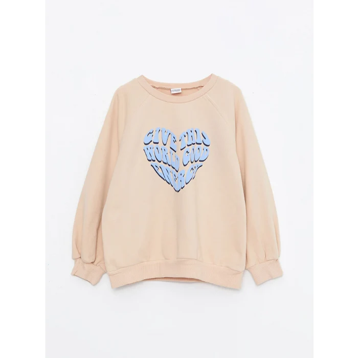LCW Kids Pembe Bisiklet Yaka Baskılı Uzun Kollu Kız Çocuk Sweatshirt
