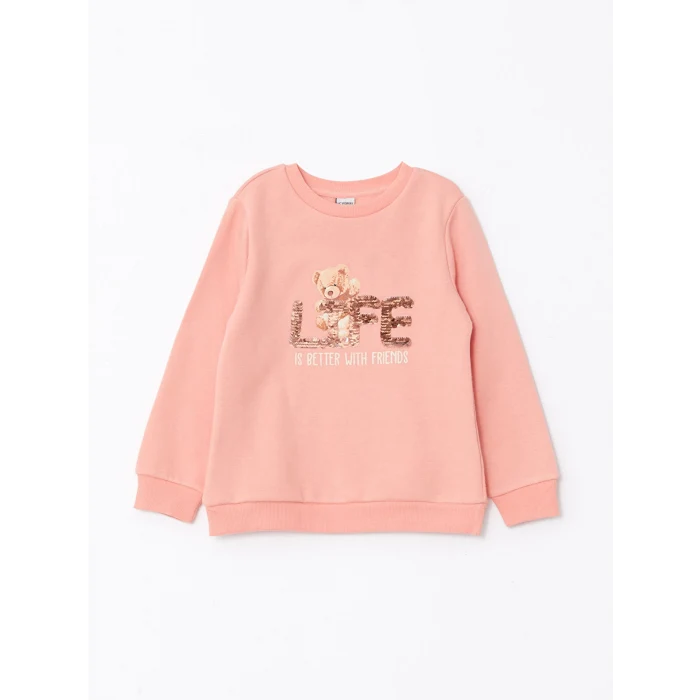 LCW Kids Mercan Bisiklet Yaka Baskılı Çift Yönlü Payetli Uzun Kollu Kız Çocuk Sweatshirt