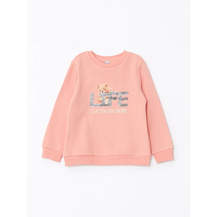 LCW Kids Mercan Bisiklet Yaka Baskılı Çift Yönlü Payetli Uzun Kollu Kız Çocuk Sweatshirt
