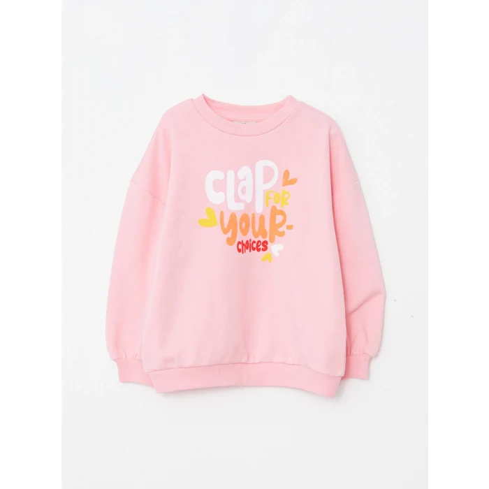 LCW Kids Pembe Bisiklet Yaka Baskılı Uzun Kollu Kız Çocuk Sweatshirt