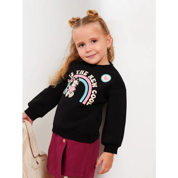 LCW baby Siyah Bisiklet Yaka Uzun Kollu Nostaljik Maymun Baskılı Kız Bebek Sweatshirt