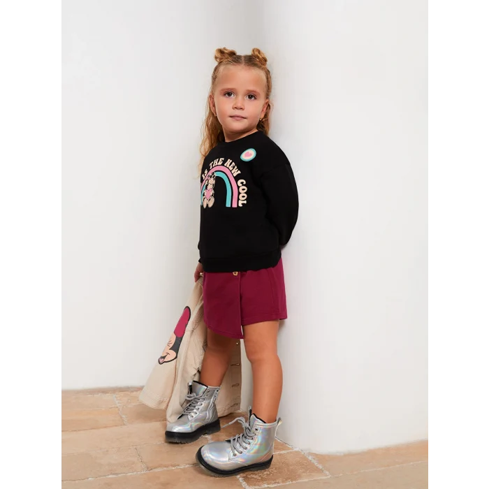 LCW baby Siyah Bisiklet Yaka Uzun Kollu Nostaljik Maymun Baskılı Kız Bebek Sweatshirt