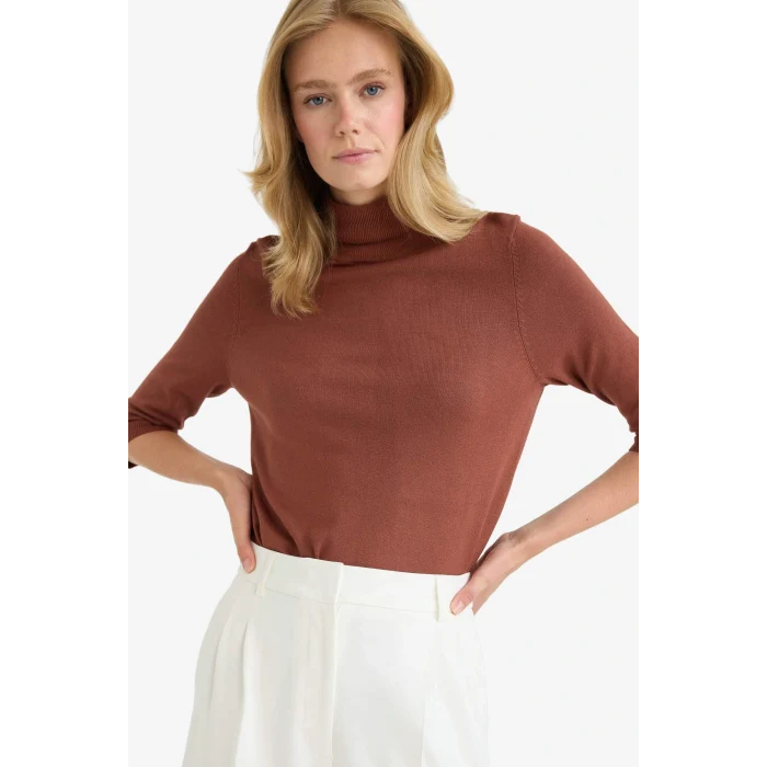 Defacto U8280AZBN214 Kahve Regular Fit Balıkçı Yaka Yarım Kol Basic Düz Triko Kazak