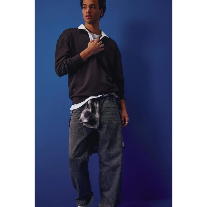 Defacto E6523AXBN337 Kahve Boxy Fit Polo Yaka Sweatshirt