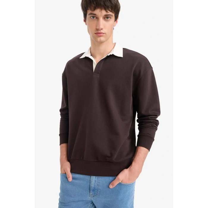 Defacto E6523AXBN337 Kahve Boxy Fit Polo Yaka Sweatshirt
