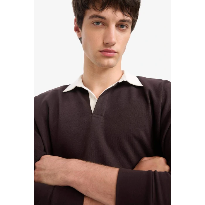 Defacto E6523AXBN337 Kahve Boxy Fit Polo Yaka Sweatshirt