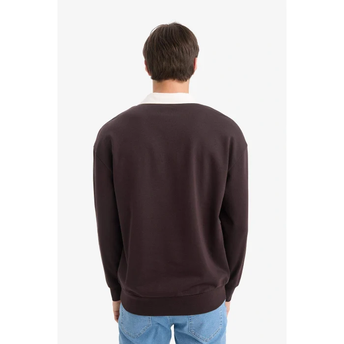 Defacto E6523AXBN337 Kahve Boxy Fit Polo Yaka Sweatshirt