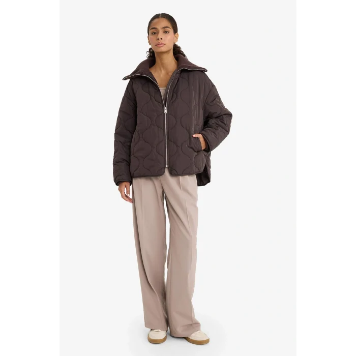 Defacto F2086AXBN530 Kahve Su Geçirmez Regular Fit Kapitoneli Fermuarlı Mont