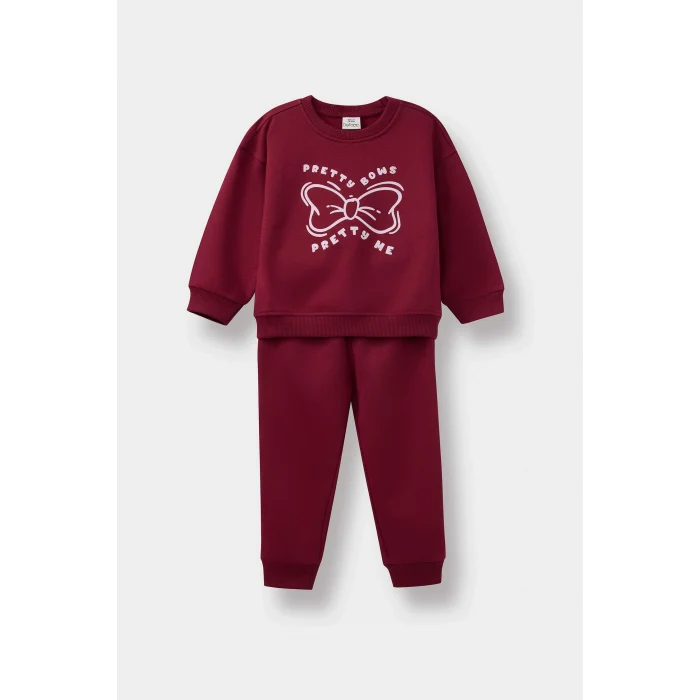Defacto F0543A5BR285 Bordo Kız Bebek 2li Takım Baskılı İçi Yumuşak Tüylü Sweatshirt Eşofman Altı