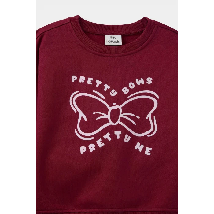 Defacto F0543A5BR285 Bordo Kız Bebek 2li Takım Baskılı İçi Yumuşak Tüylü Sweatshirt Eşofman Altı