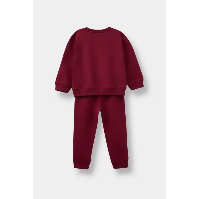 Defacto F0543A5BR285 Bordo Kız Bebek 2li Takım Baskılı İçi Yumuşak Tüylü Sweatshirt Eşofman Altı