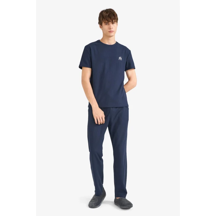 Defacto F5897AXNV135 Lacivert Pijama Takımı Waffle Kısa Kollu Üst Uzun Alt