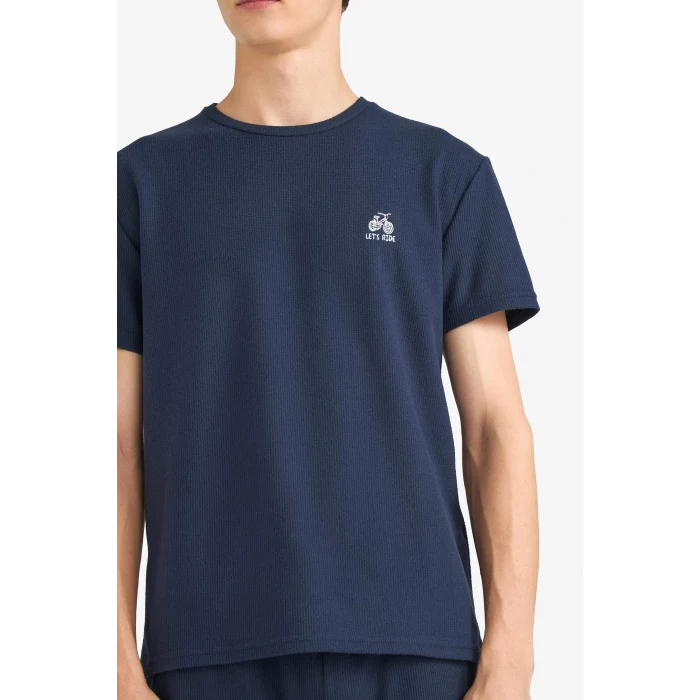 Defacto F5897AXNV135 Lacivert Pijama Takımı Waffle Kısa Kollu Üst Uzun Alt