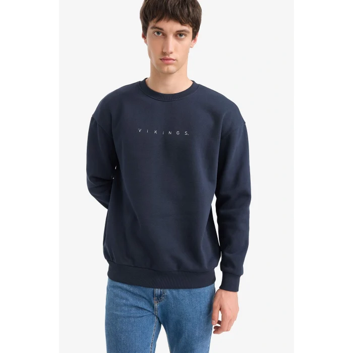 Defacto E9323AXNV64 Lacivert Vikings Boxy Fit Bisiklet Yaka Sırt Baskılı Sweatshirt