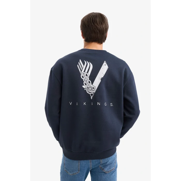 Defacto E9323AXNV64 Lacivert Vikings Boxy Fit Bisiklet Yaka Sırt Baskılı Sweatshirt