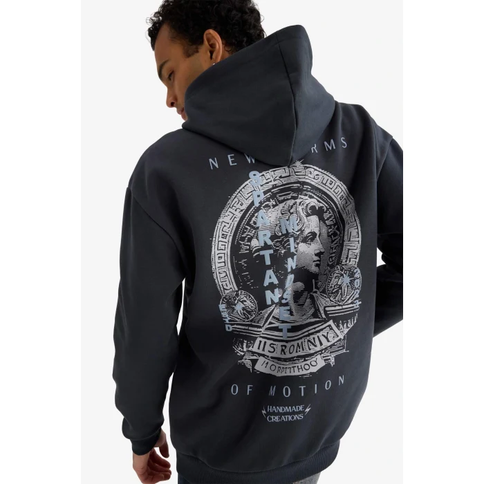 Defacto F2109AXAR206 Antrasit Boxy Fit Kapüşonlu Sırt Baskılı Sweatshirt