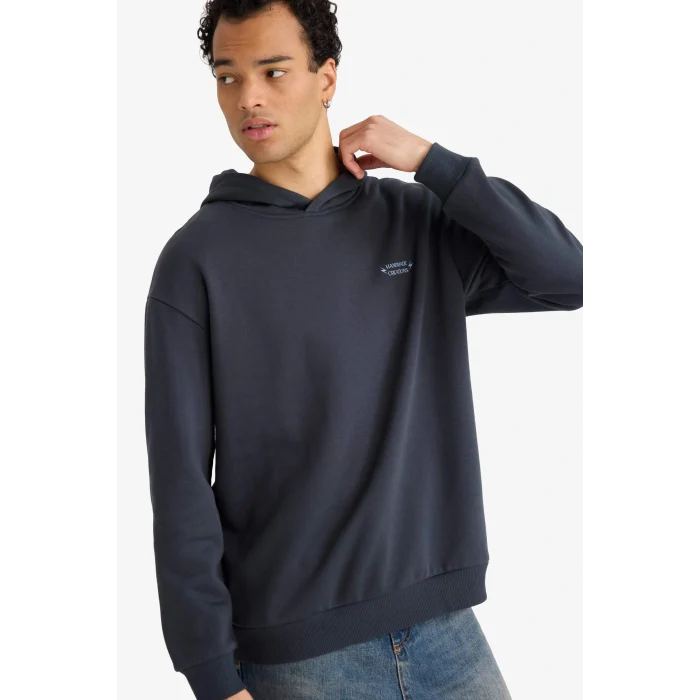 Defacto F2109AXAR206 Antrasit Boxy Fit Kapüşonlu Sırt Baskılı Sweatshirt